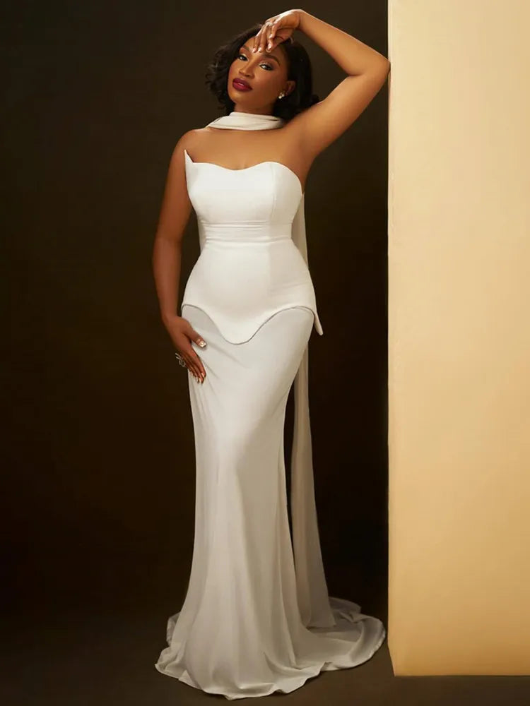 Luxury Sexy Strapless Backless White Black Maxi Long Women Celebrity Dress Elegant Party Evening Club Vestido Clothing WHITE