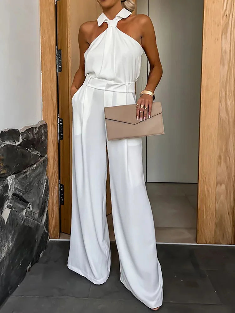 Wide Leg Pants Loungewear Bodysuits, Women Spring Summer Pocket Sleeveless Jumpsuits, Turn-Down Collar Simple Ladies Playsuits