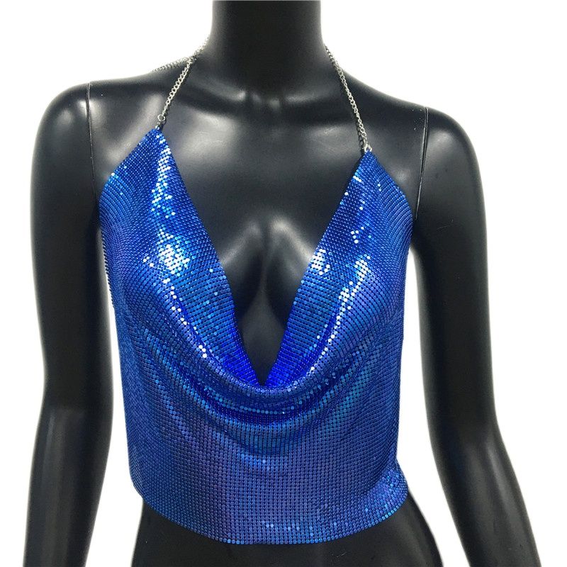 Women 2024 Sexy Metal Sequined Tank Camis Summer Gold Silver Backless Cropped Glitter Beach Club Show Wear Tank Tops Royal Blue 25 cm One Size