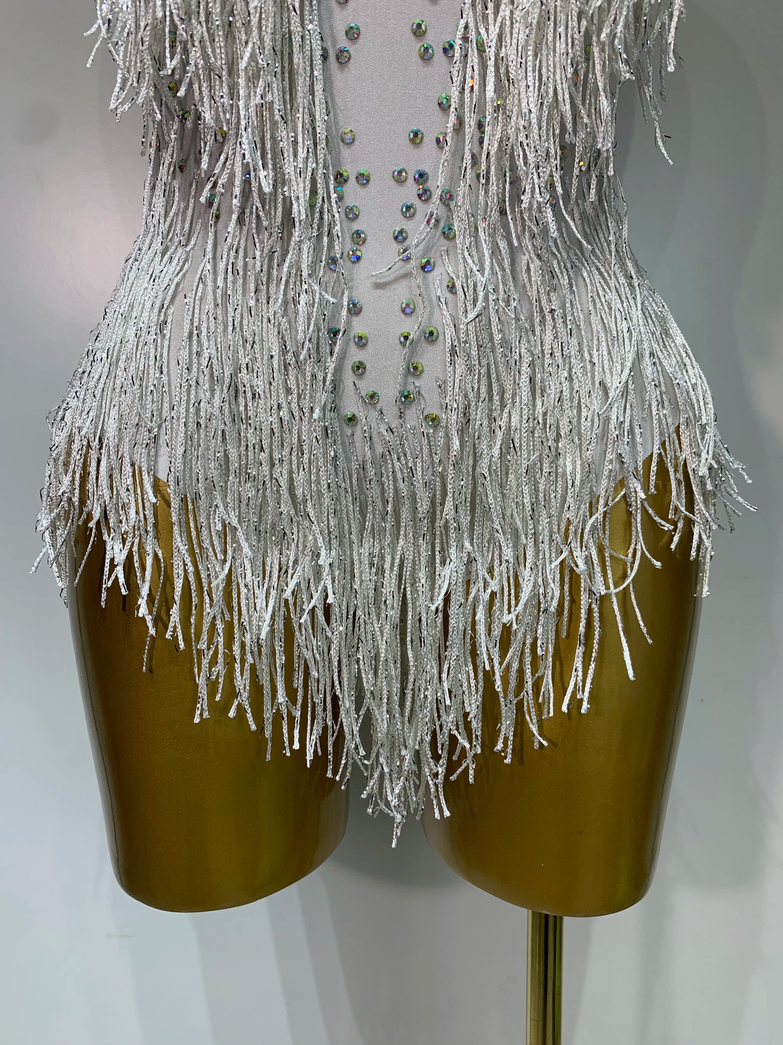 Sparkly Rhinestones Fringes Leotard Women Nightclub Evening Party Outfit Dance Costume Stage Outfit Sexy Performance Bodysuit