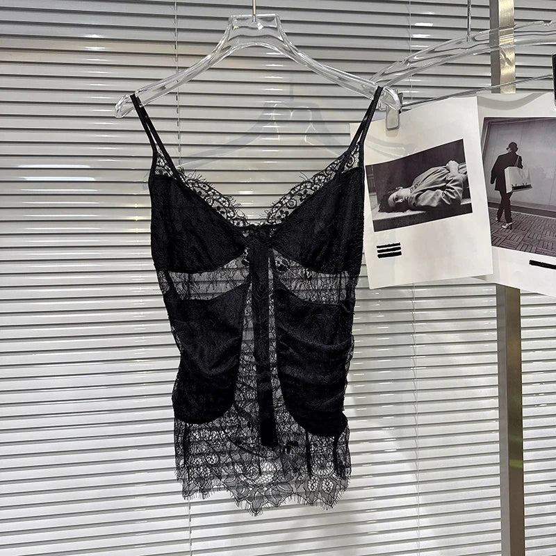 Winter New Fashion Lace See-through Patchwork Zipper Design Camisole For Women Versatile Backless Tank Top 11A07482 Black One Size