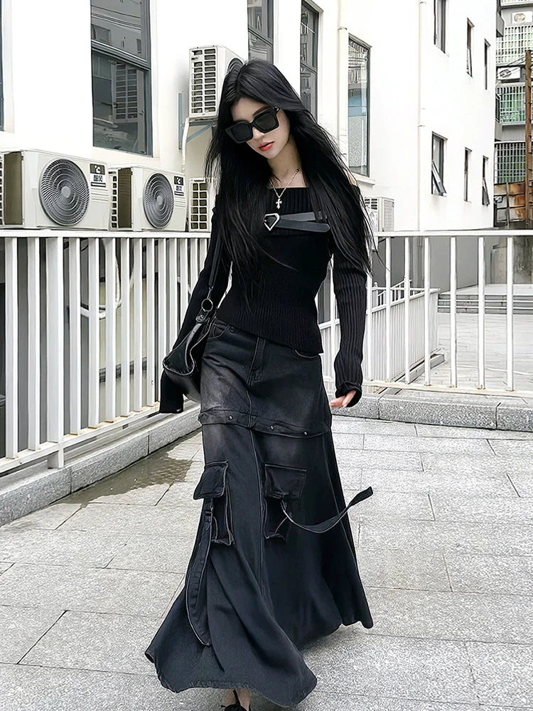 Black Denim Skirt Thin Office Lady Vintage Fashion Pockets Autumn Winter High Waist A-Line Skirt New Design Gothic