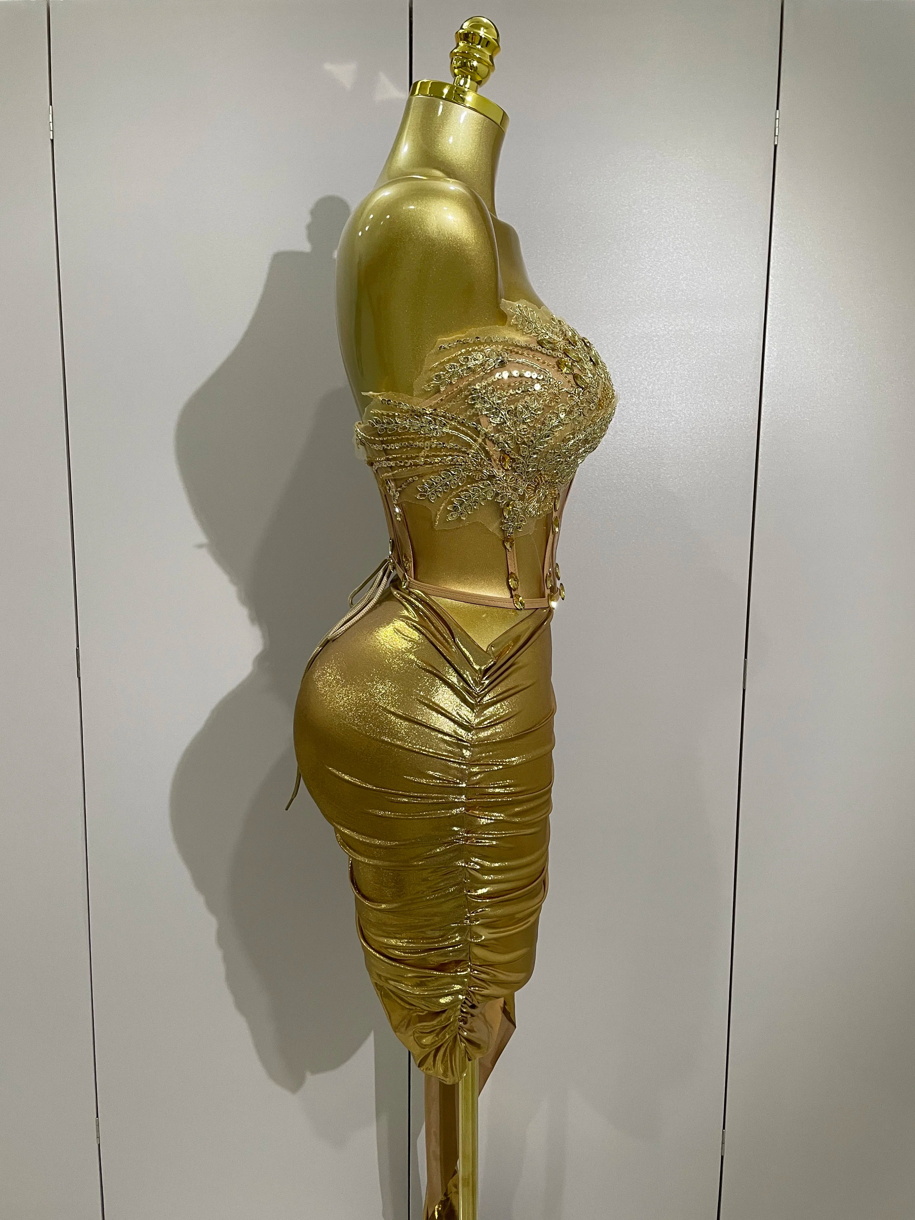 Sparkly Gold Sexy Top Two Pieces Short Skirt Set 2025 Women Celebrate Birthday Dress Party NightClub Dancer Show Stage Outfit