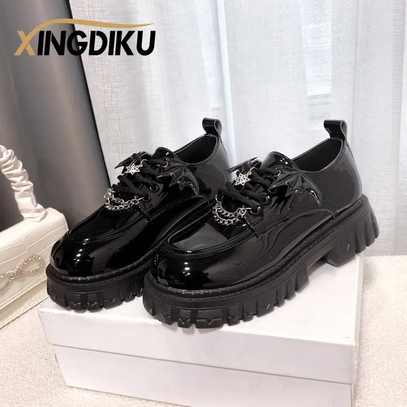 Punk Wind Fashion Single Shoes Autumn Devil Bat Wings Gothic Women's Shoes Thick Bottom Waterproof Platform Metal Chain