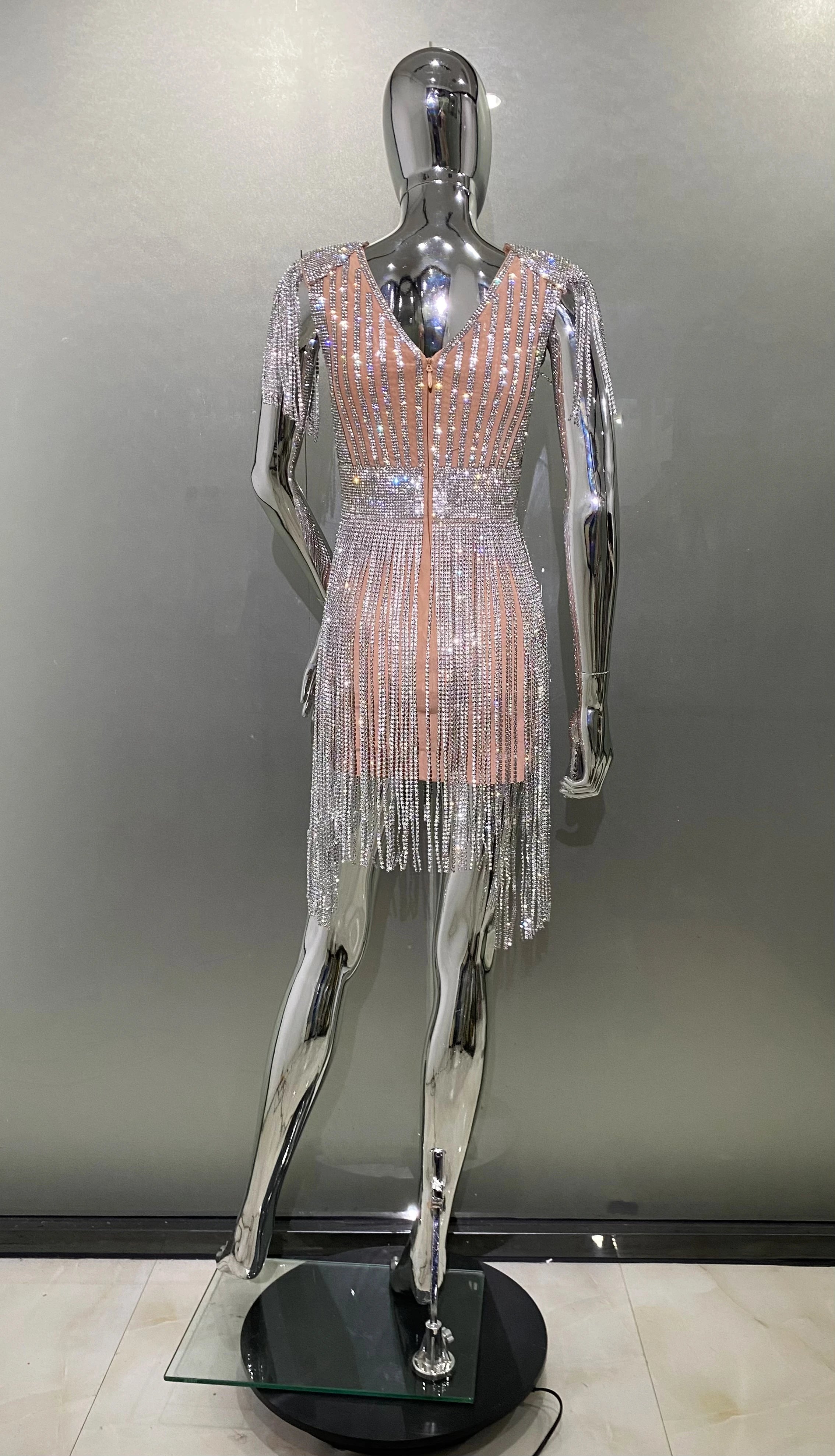 STOCK Super Shining Diamonds Tassel Sleeveless Mini Evening Dress Woman Birthday Party Outfit Performance Costume