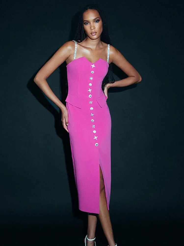 Women Celebrity Sexy V Neck Backless Button Hot Pink Midi Bodycon Bandage Dress 2024 Elegant Evening Club Party Outfit