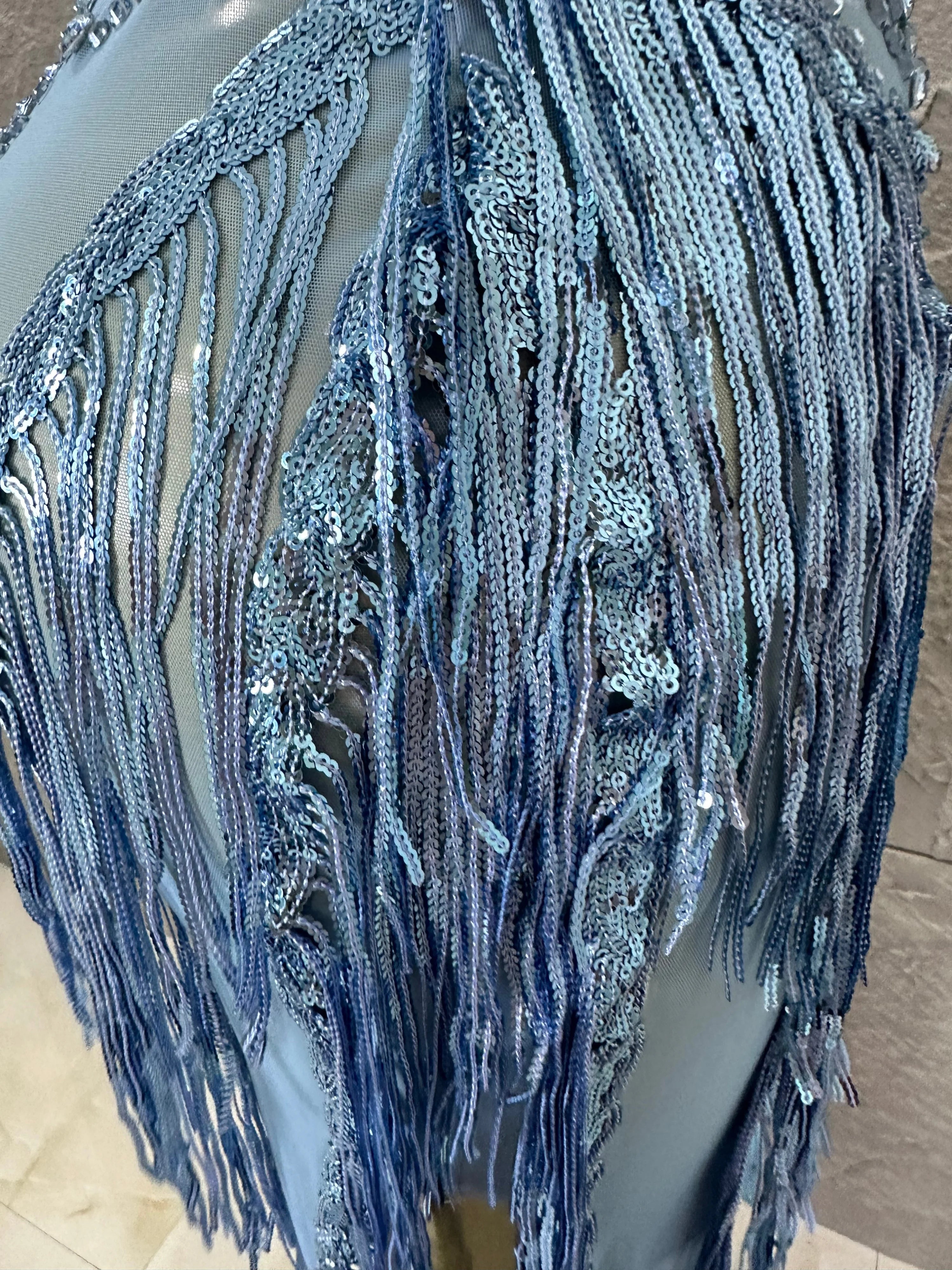 Refined Blue Spaghetti Strap Mini Dress Women Sheer Mesh Rhinestone Fringe Embellished Latin Dance Performance Costume