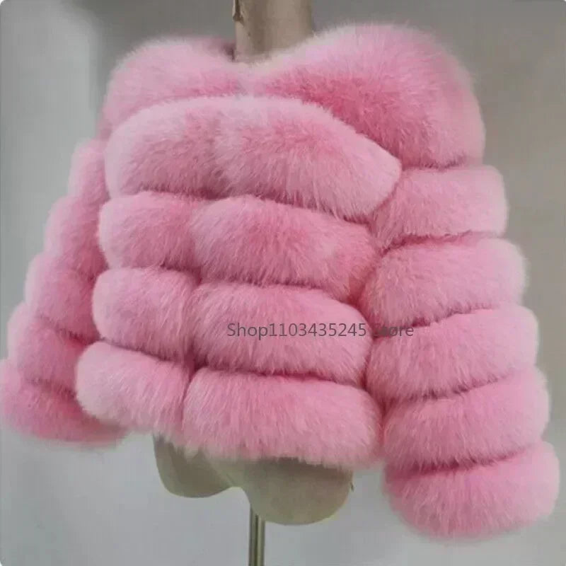 Women's Fashion Faux Fur Coat Super Hot Autumn Winter Women Short Faux Fox Fur Fluffy Jacket High Quality 5xl Ladies Furry Coats Deep powder