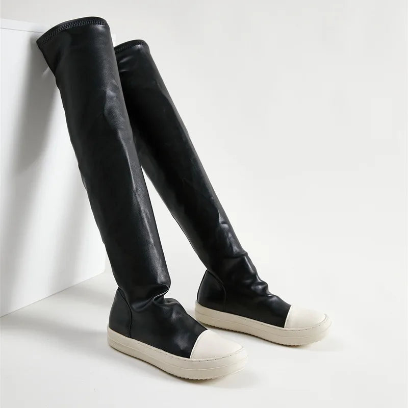 Women Stretch Tight Boots Flat Thick Bottom Shoes Women's Over-the-knee Boots Casual Black Leather Women's Thigh High Boots 2024 long boots