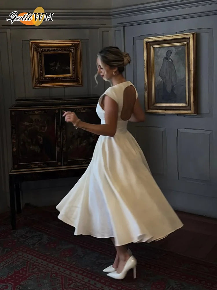 2025 Elegant White O Neck Pleated Hem Maxi Dress Women Fashion Open Back Solid A-line Dresses New Spring Summer Lady Party Robes