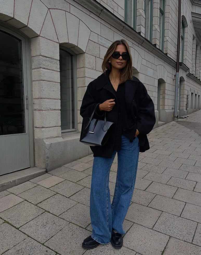 Women Fashion Wool Lapel Coats Vintage Cape Sleeve Casual Single Breasted Pockets Jackets Autumn Winter Female Chic Streetwear Black