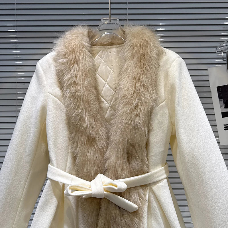 Winter New Fashion Fur Collar Belt Woolen Quilted Trench Coat For Women Elegant Warm Windbreaker Female 11A07810