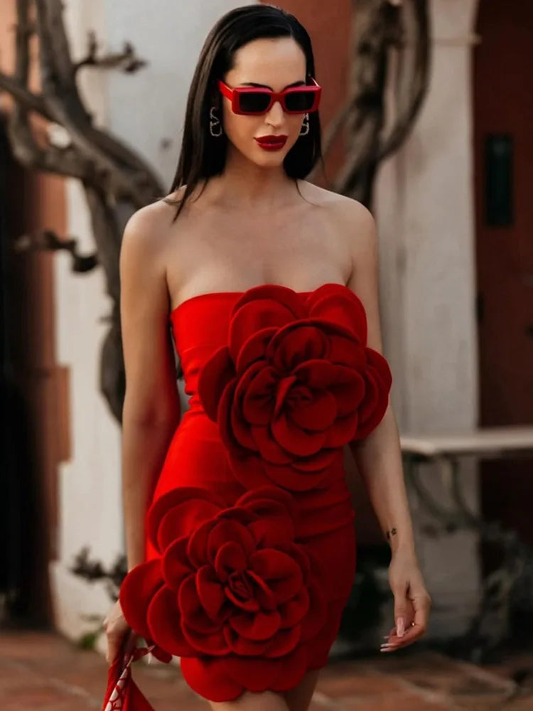 Women Celebrity Sexy Strapless Backless Flower Mini Gowns Dress 2024 Elegant Evening Party Club Dress Vestido