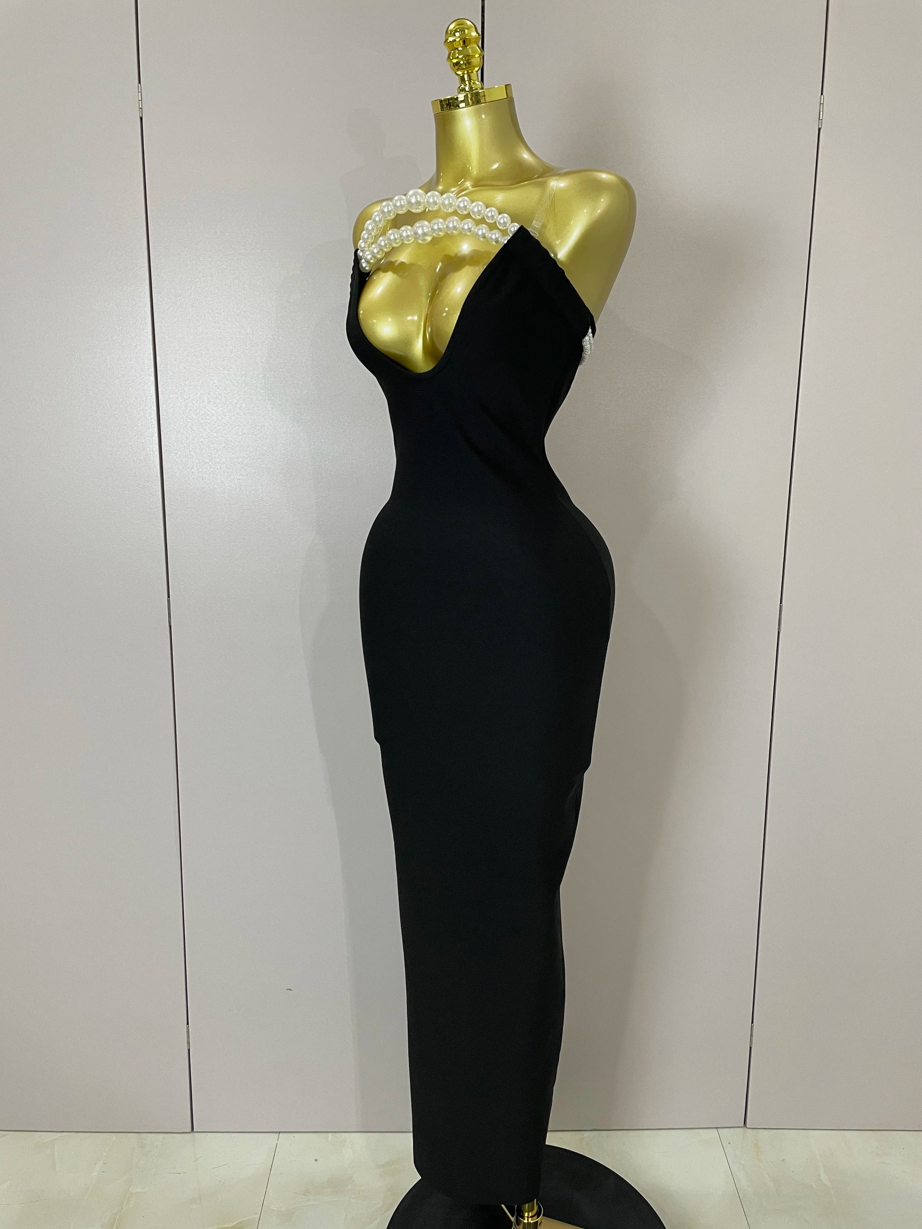 Sexy Backless Strapless Black Beading Long Bandage Bodycon Dress 2025 Women Celebrity Elegant Evening Luxury Birthday Dresses