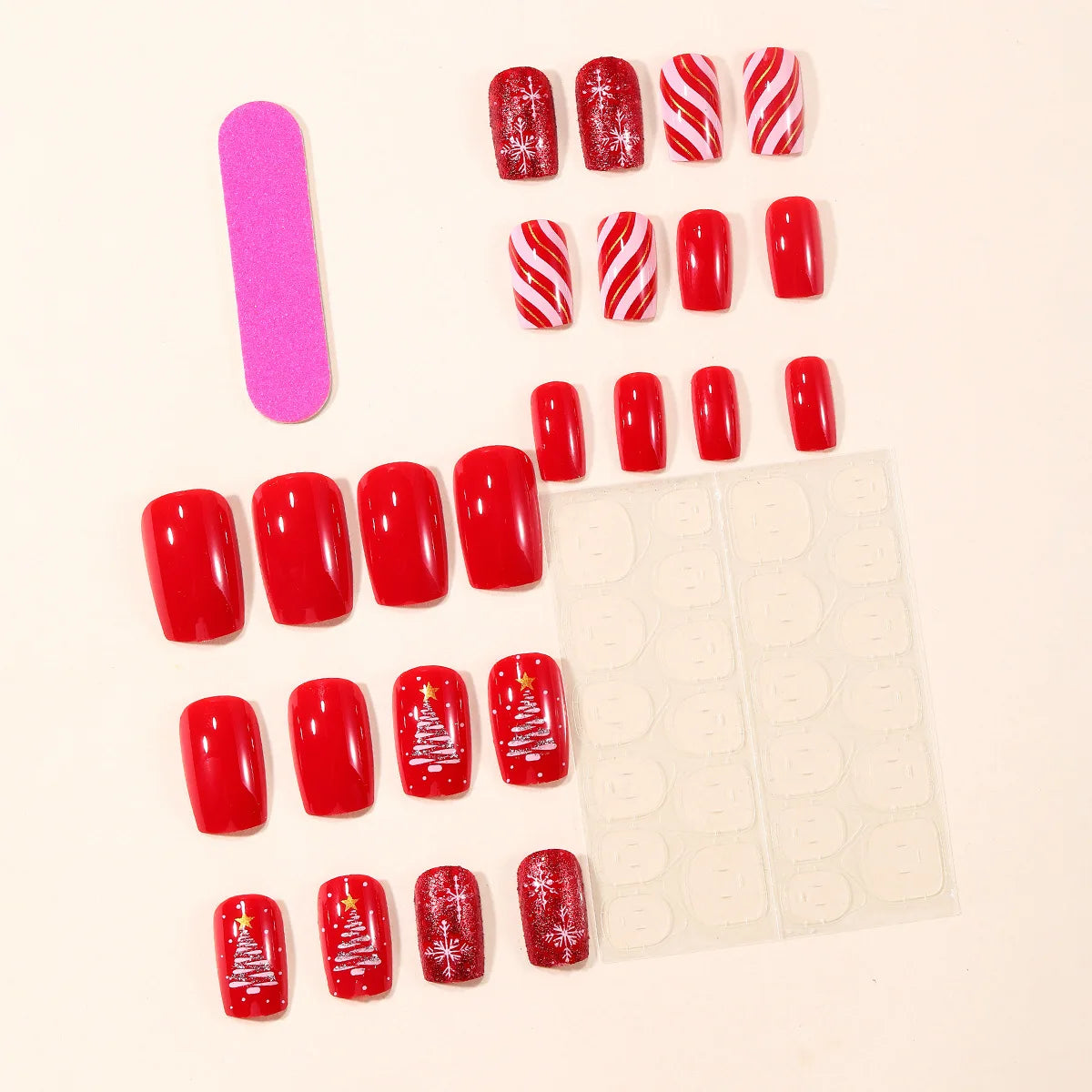 24Pcs Short Square Fake Nails Red French Press On Nails Snowflake/Striped Printed Women Girls Christmas Party False Nails