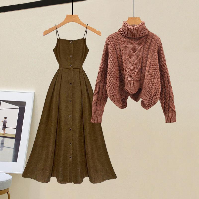 Women's Spring Autumn Single/outfits 2024 New Age Reducing Slim Covering Sweater with Waist Wrapped Dress Two Piece Set Set-02