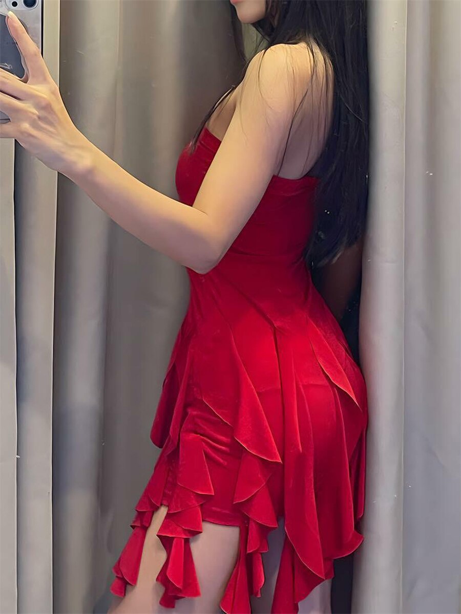 Summer Women Fairy Ruffle Tassels Bodycon Dress Women Off-Shoulder Strapless Irregular Mini Dress Streetwear