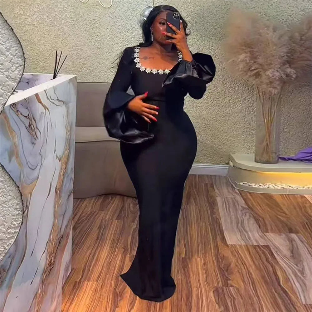 Women Long Sleeve Sexy Square Collar Shinning Crystal Bodycon Long Bandage Dress Celebrate Evening Party Outfit