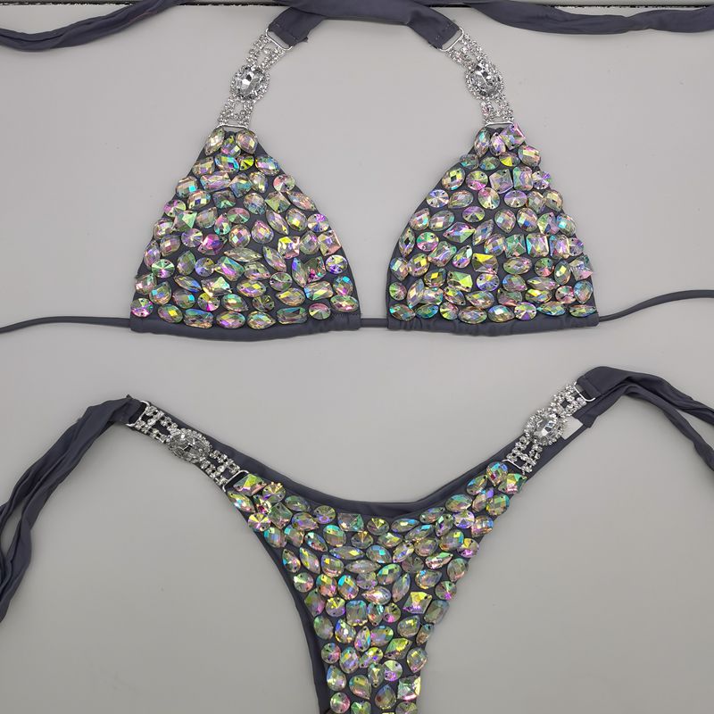 Sexy Push Up Triangle Bikini Luxury Crystal Diamond Women's Swimsuit Straps Lace-Up Rhinestone Swimwear Gray