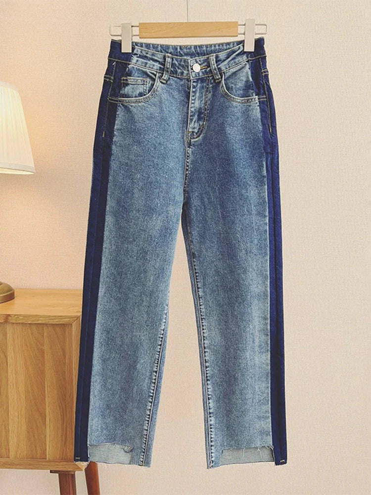 Korean Ankle Length New Hight Waist Side Stripe Straight Jeans Woman Baggy Big Size 5xl Wide Leg Denim Pants Spring