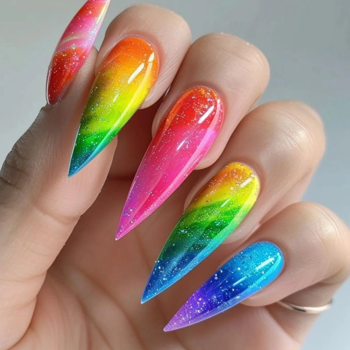 24pcs/set Medium long fake nails for women girls Y2K gradient purple blue yellow green square almond tips press on false nails 2677