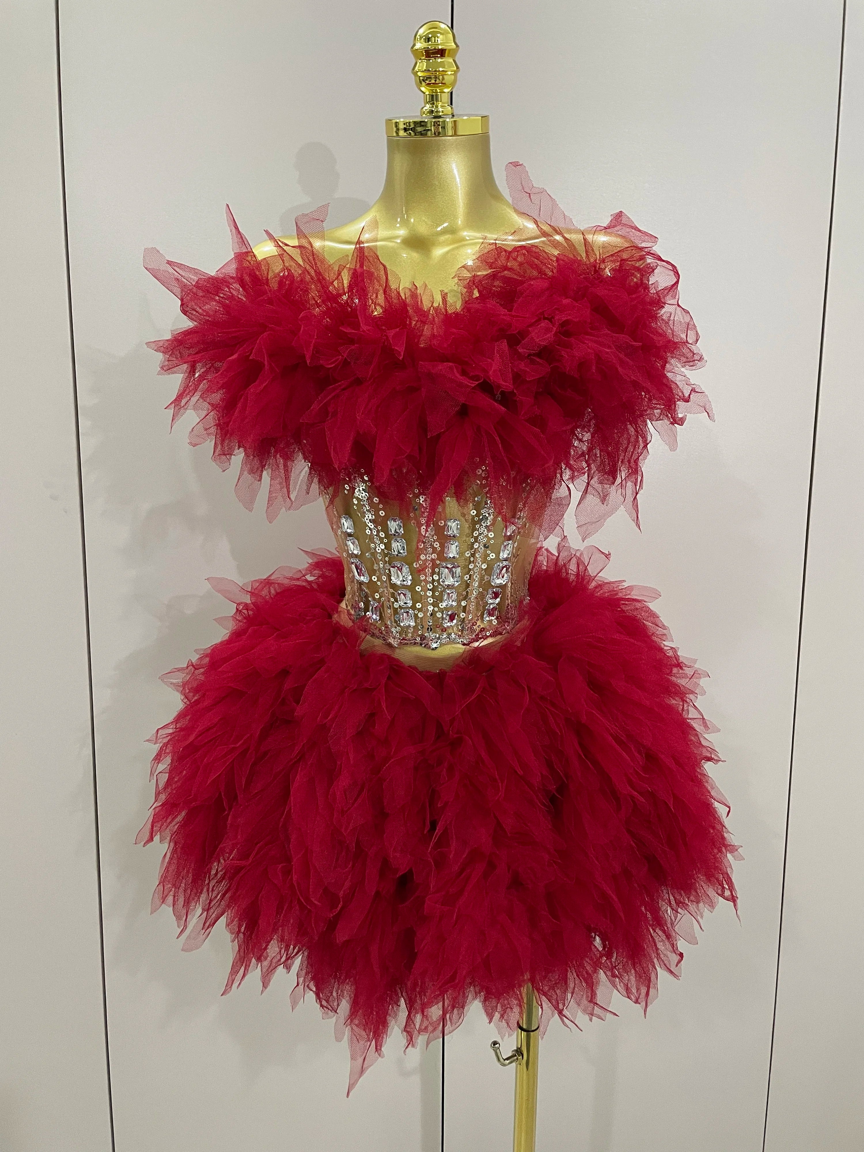 2025Women Sexy Backless Strap Mesh Fluffy Skirt 2 Pieces Diamond Sequins Stage Performance Costume Birthday Party Shooting Dress Red