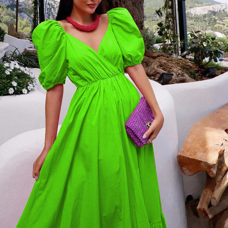 Elegant Women's New Maxi Dress Casual Short Sleeves V Neck Fashion Solid Color Simple Female Dress Summer Party Bohemia Dresses Grass Green