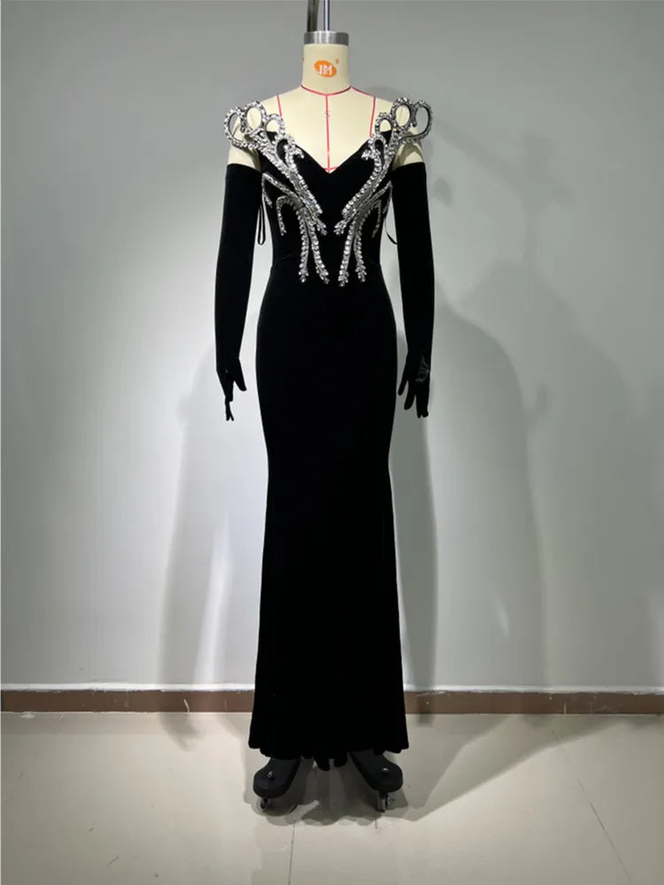 2024 Women Long Sleeve With Gloves Off the Shoulder Floor-Length Dress Elegant Evening Party Prom Dress Vestido