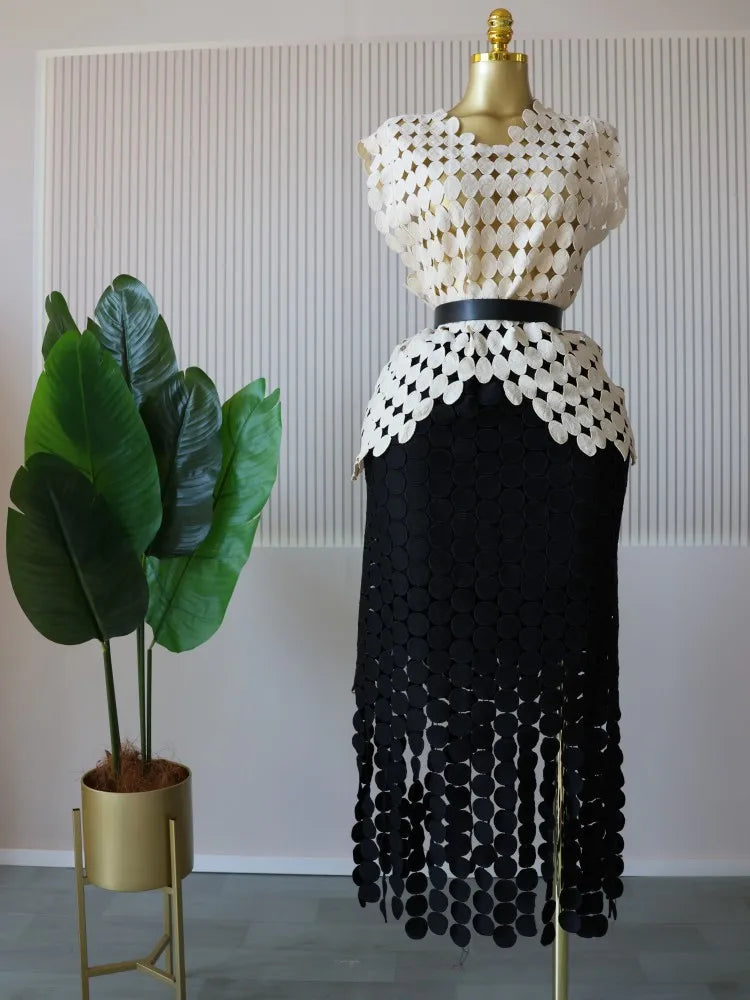 CM.YAYA Women Cutout O-neck Crop Top and Bodycon Midi Slim Maxi Long Skirt Suit 2025 Summer Vacation Sexy Two 2Piece Set Outfits