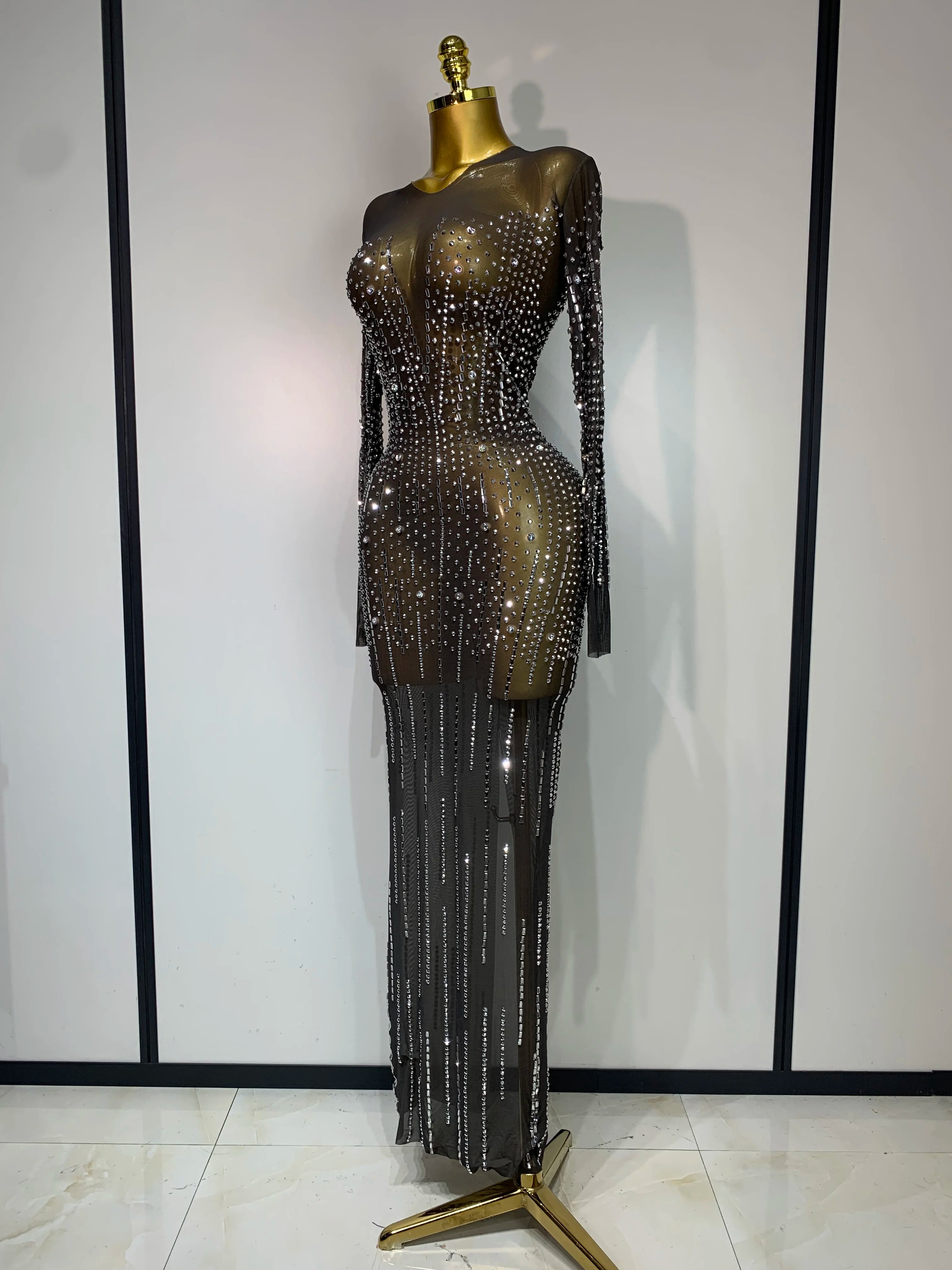 Women Sexy Long Sleeve Mesh See Through Dress 2025 Elegant Evening Party Luxury Birthday Club Rhinestone Performance Costume