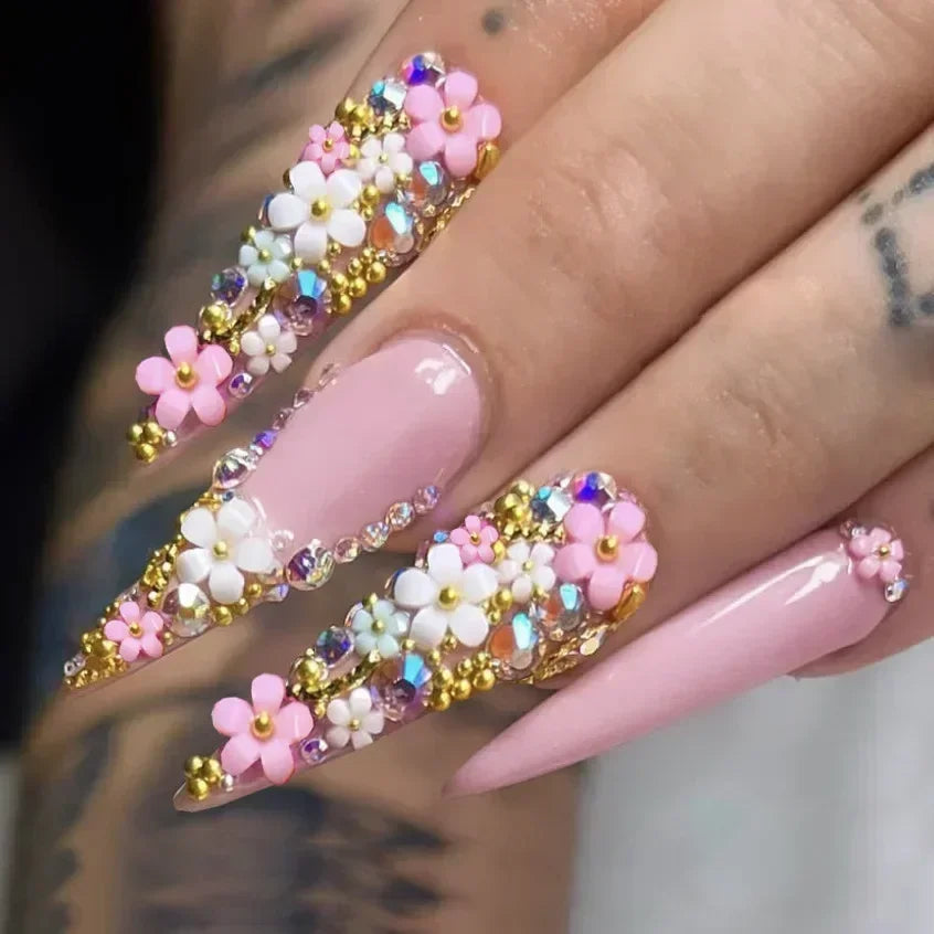 24Pcs French False Nails With Purple Edge Almond Bow Flower Design Detachable Acrylic Fake Nails Long Stiletto Press On Nails 10