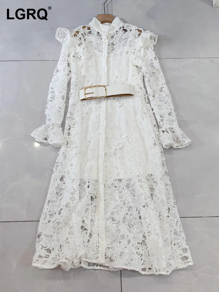 LGRQ Elegant Lace Embroidery Pattern Design Women's Dresses Evening Belt New Hollow Out Luxury Fashion 19F1371