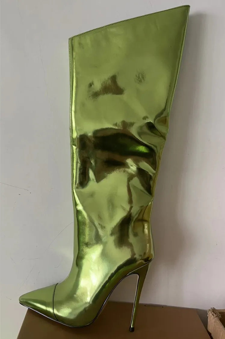 Thigh High Boots Candy Color Mirror Leather Women Knee High Boots High Heels Stilettos Runway Shoes for Women High Heel Boots 05light green12cm