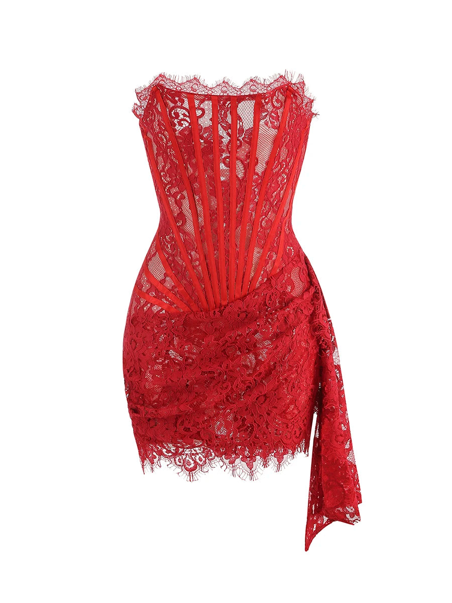 Christmas Dress For Women Red Lace Sexy Strapless Sleeveless Slim Supper Short Dress With Lace-Up Red