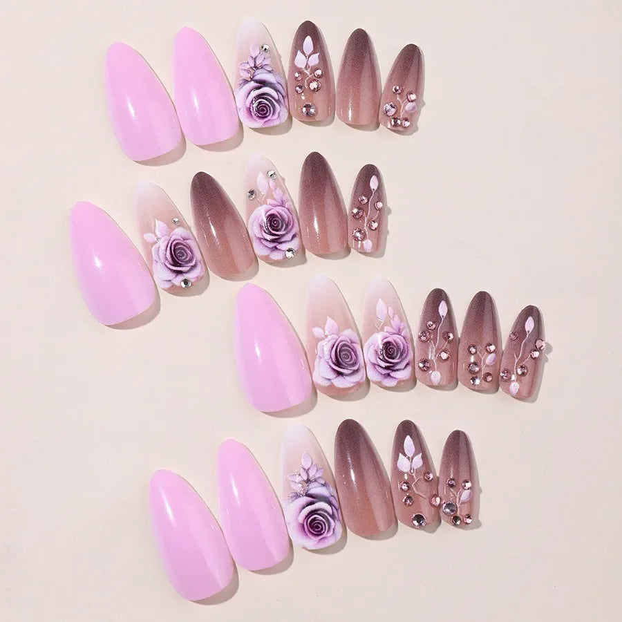 Purple Flower Press on Nails 24Pcs Almond/Coffin Wearable Fake Nails Flower Printed Woman DIY Manicure Acrylic False Nails Tips