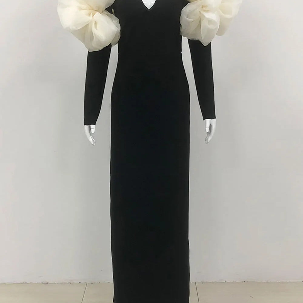 2024 Sexy Women Long Bandage Dress Fashionable Off Shoulder Chiffon Patchwork Long Sleeved Bodycon Backless Dress Party Vestidos black