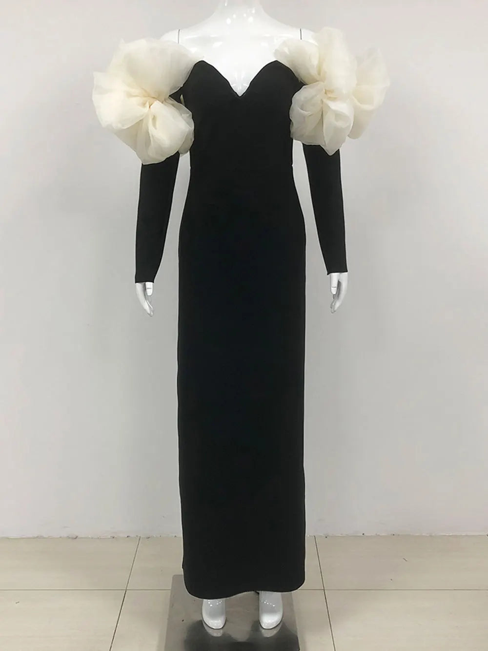 2024 Sexy Women Long Bandage Dress Fashionable Off Shoulder Chiffon Patchwork Long Sleeved Bodycon Backless Dress Party Vestidos black