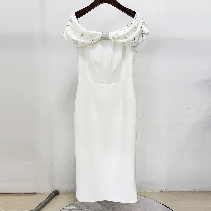 Solid Slimming Spliced Bead Elegant Dresses for Women Slash Neck Short Sleeves Temperament Dress Female Fashion New WHITE