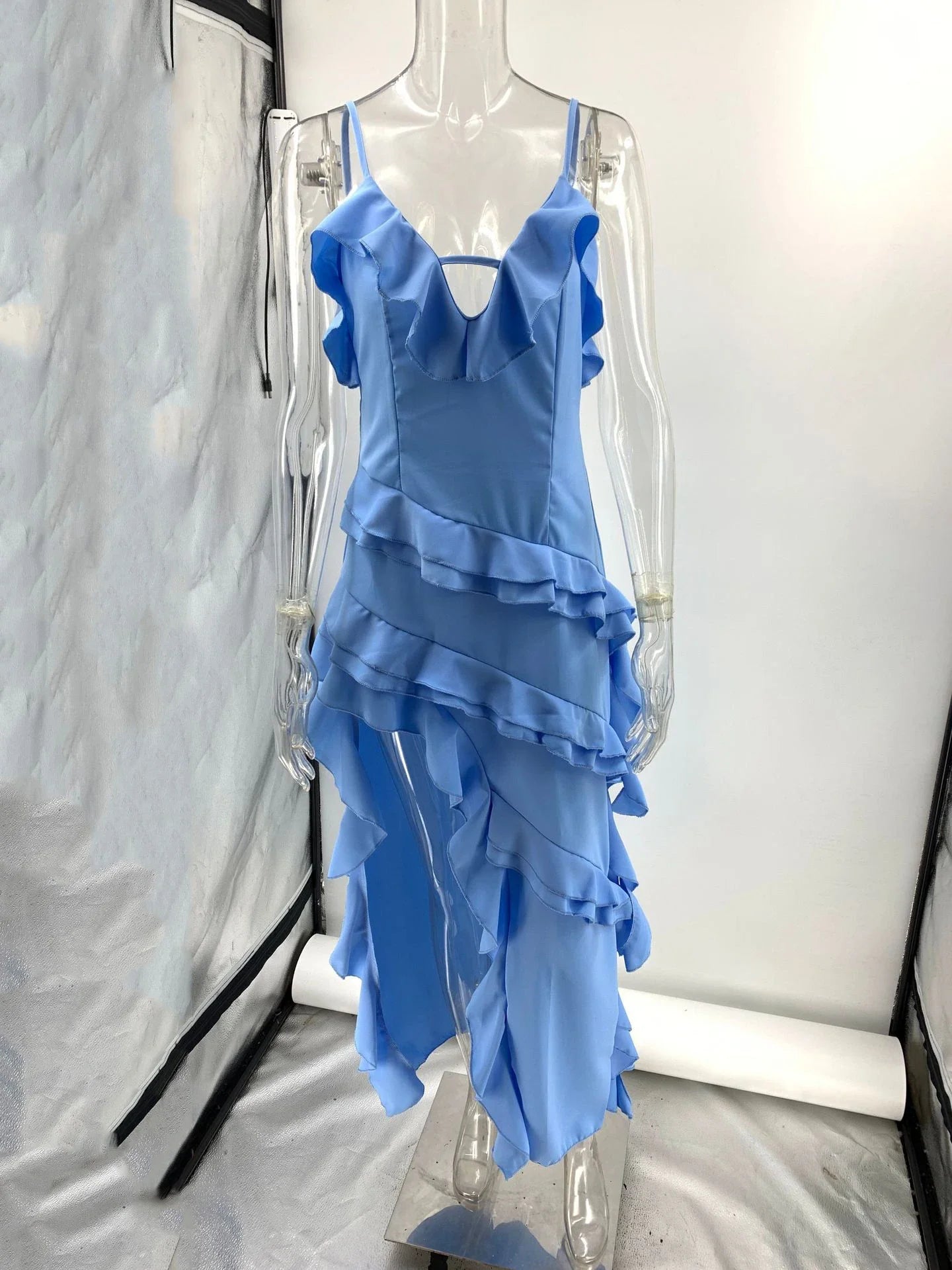Holiday Maxi Midi Ruffles Beach Dress New Fashion Solid Color A-line Midi Dress Summer Sexy Strap Irregular Dress