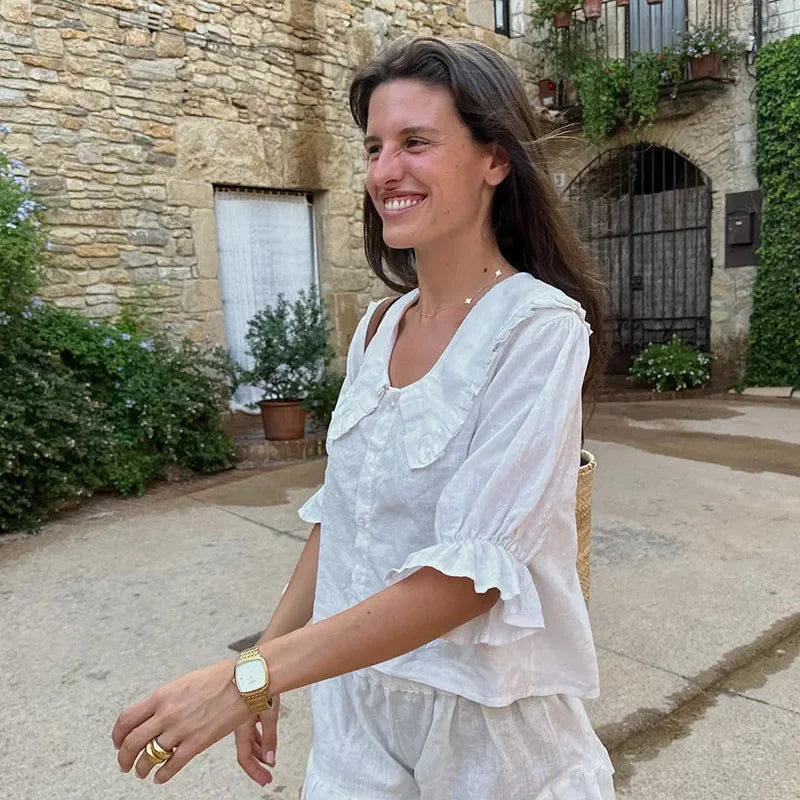 Casual Ruffle Doll Collar Shirts Shorts Set Women Puff Short Sleeve Single Breasted Blouses Suit Summer Loose Lady Suits