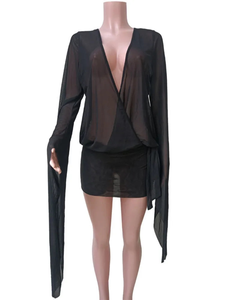 Mesh See Through Sexy Mini Dress For Women Black Sheer Mesh Deep V Neck Long Sleeve Backless Draped Ruched Dress Black