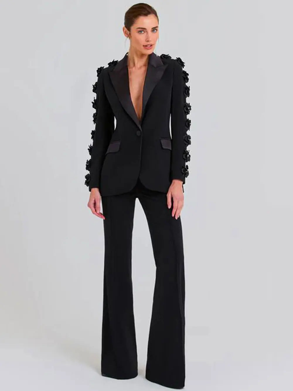 2024 Women Suit Pants Set with Collar, Long Sleeve, Three Dimensional Flower Decoration, Slim Fit Suit Coat+Two Piece Pants Set black