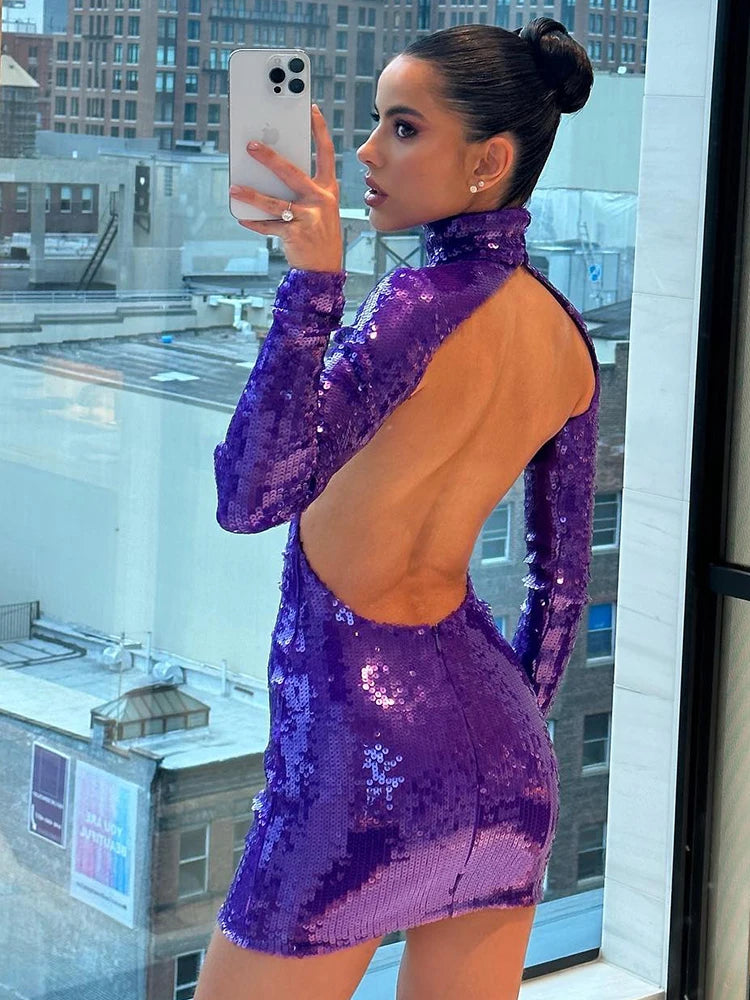 Backless Sexy Dress For Women Evening Party Gown Purple Sequins Sparkle Long Sleeves Slim Mini Dress