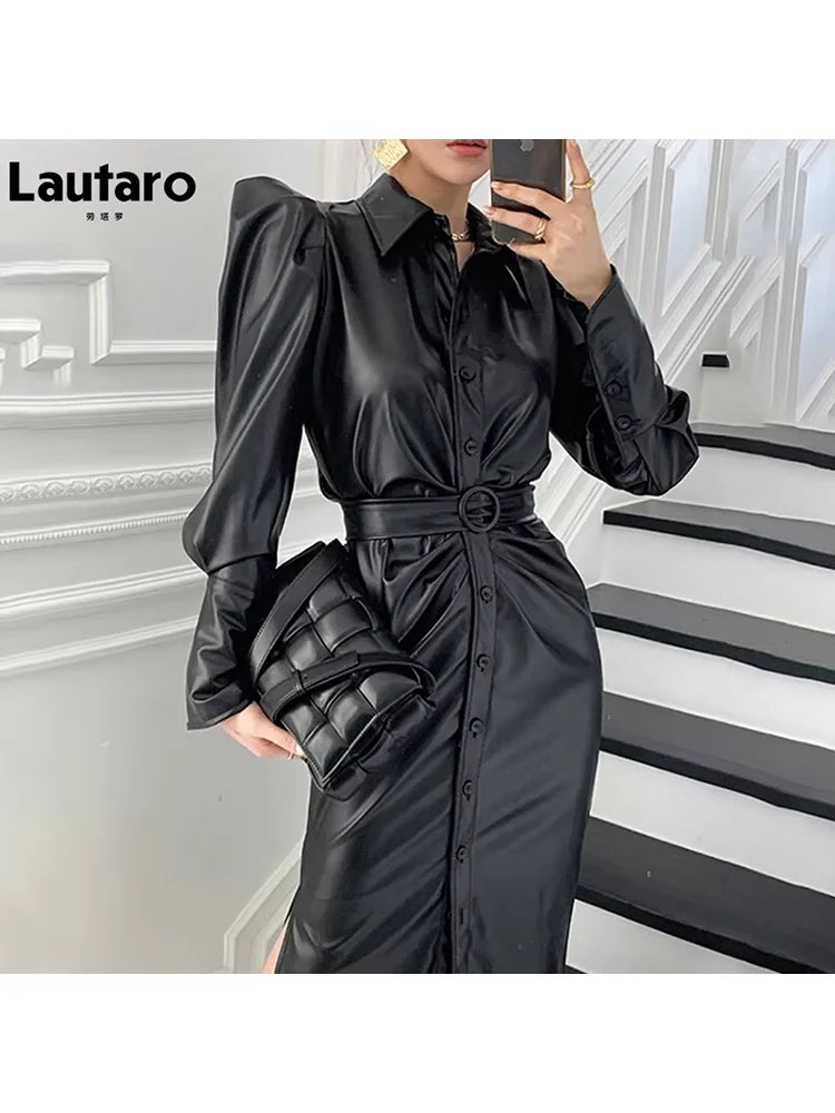 Lautaro Spring Autumn Long Fitted Soft Black Stretchy Pu Leather Shirt Dress Women Puff Sleeve Elegant Luxury Designer Clothes