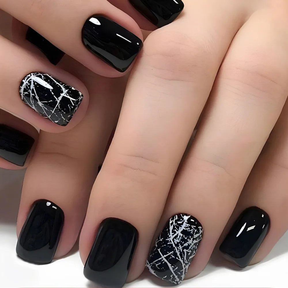 24Pcs Fashion Gradient Blue Fake Nail with Jelly Glue Wearable Short Square Head False Nails Finished Nail Tips Press on Nails 1323