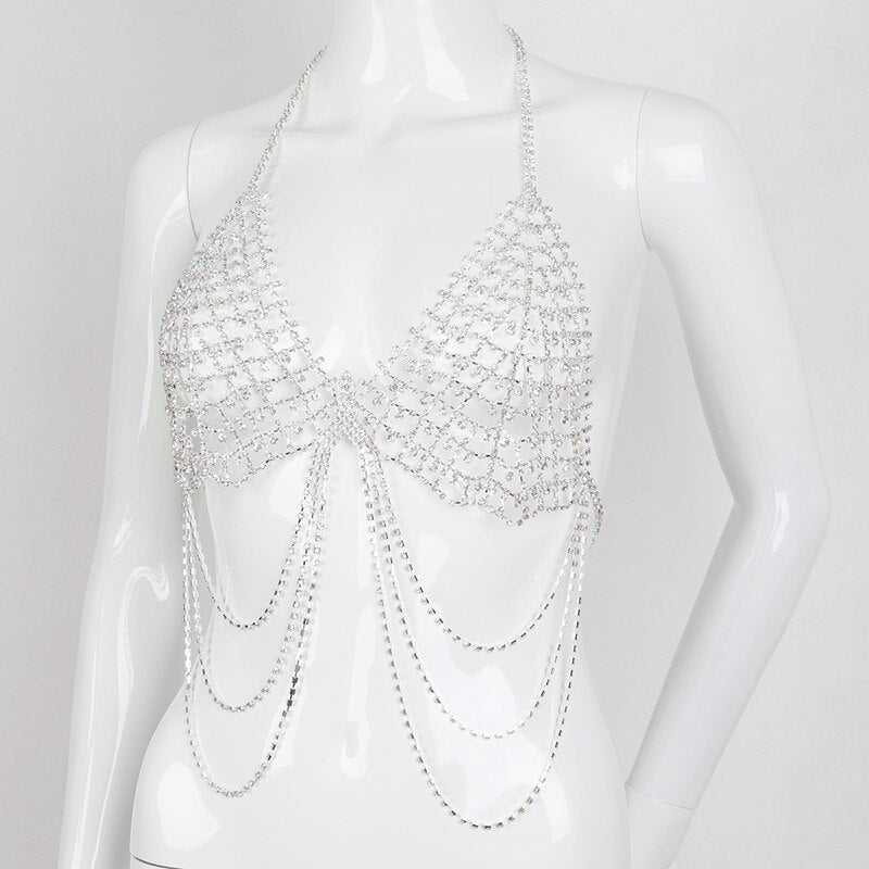 y2k Glitter Rhinestone Sexy Bikini Bodychain Jewelry 2024 Festival Rave - Harness Luxury Bra Body Chain Top Accessories