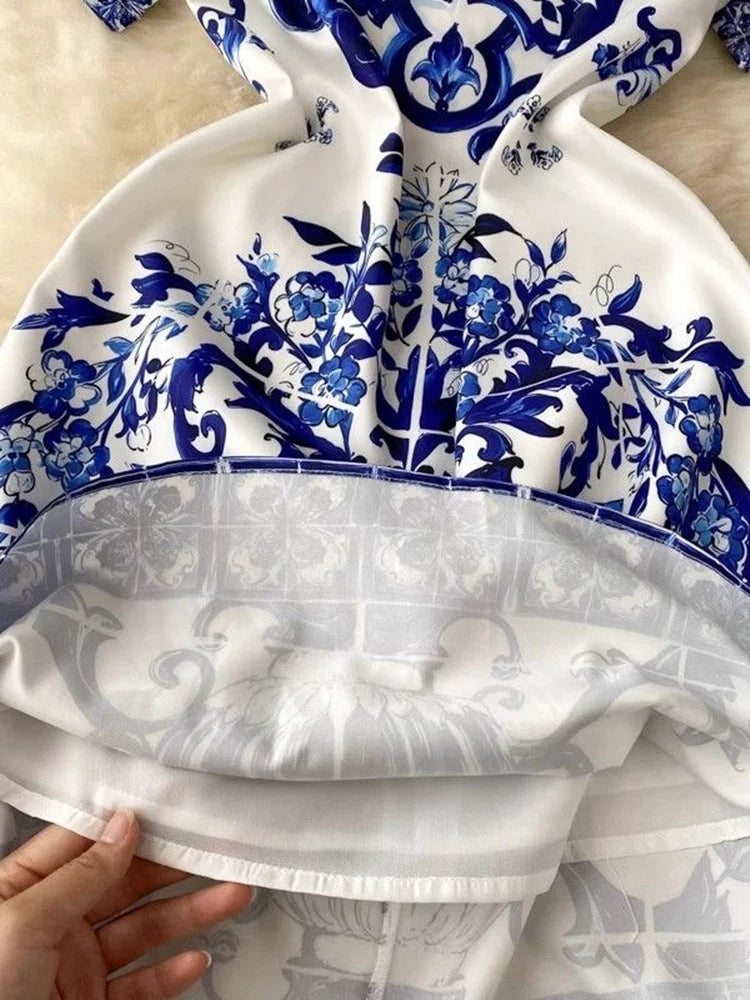 JAMERARY Summer Runway Fashion Red Blue White Porcelain Floral Dress Women's Short Sleeve Flower Printing A Line Mini Vestidos