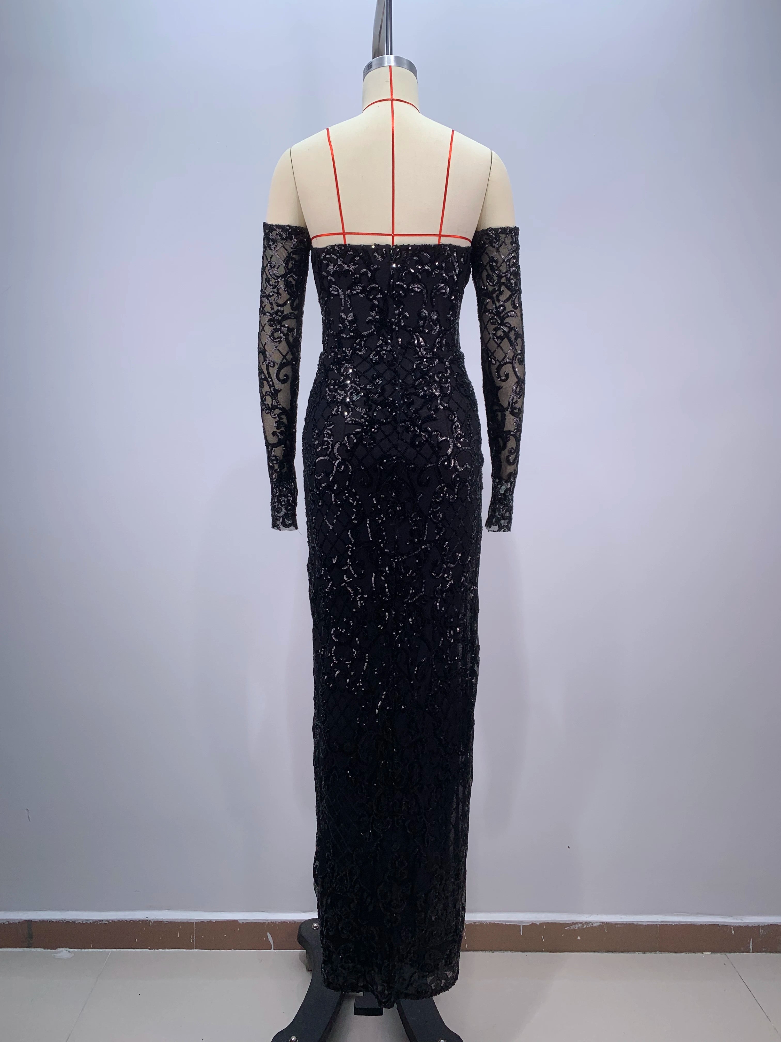 2024 Black Color Women Sexy Shinning Sequins High Split Bodycon Long Dress Gloves Celebrate Evening Party Prom Dress