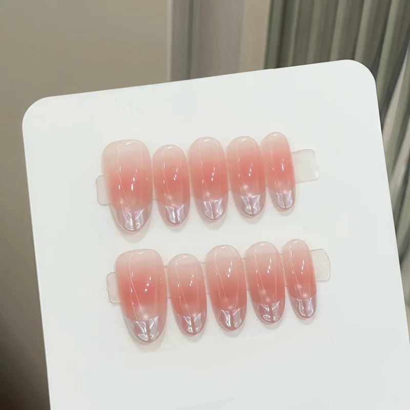 10Pcs Handmande Mid-length Almond False Nails Full Cover Glitter Pink Cat Eye Designs Nail Tips Reusable French Finished Nail