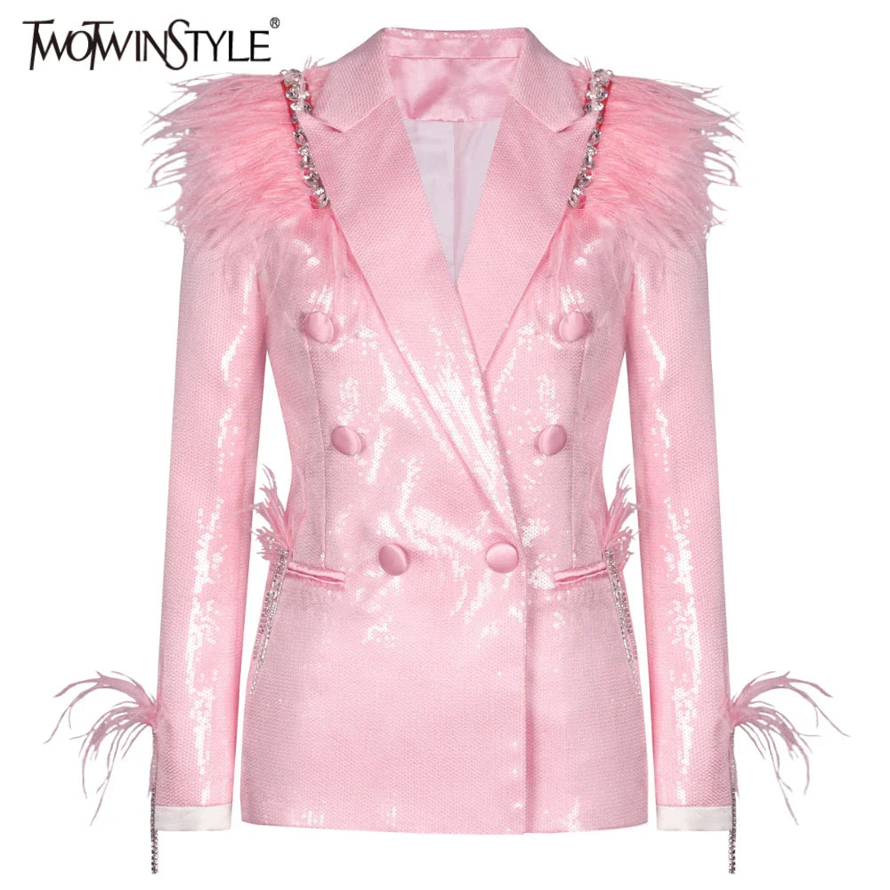 Solid Loose Spliced Feather Blazer for Women Lapel Long Sleeves Patchwork Sequins Fashion Coat Female Clothing New